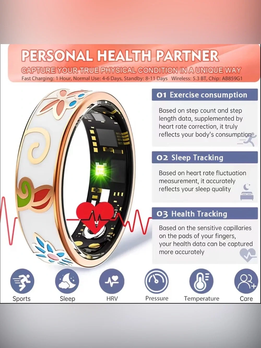 Smart Ring Water Proof Woman’s Fitness Medical Health Remote Camera Wearable